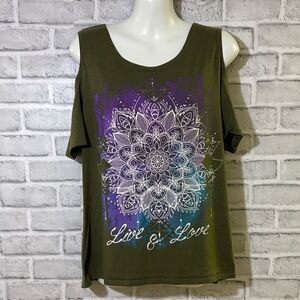 Rebellious One Olive and Purple Mandala cold shoulder Tee, size large